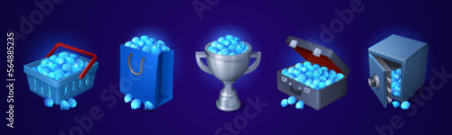 Piles of blue gemstones in bag, silver cup, deposit box and suitcase. Game icons of treasure, trophy with shopping bag, goblet and briefcase full of crystals, vector cartoon set