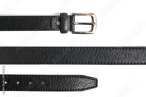 Parts black leather belt on white background, isolate.