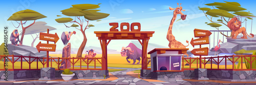 Zoo park with african animals, trees, fence and entrance with wooden arch and cashier booth. Landscape of zoological park with lion, baboon, wildebeest and giraffe, vector cartoon illustration
