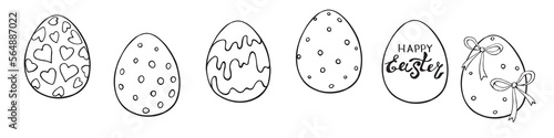 Set of vector outline ornamental easter eggs with hearts, stains, bows. Holiday illustrations, clip art in hand drawn doodle style for greeting cards, festive design