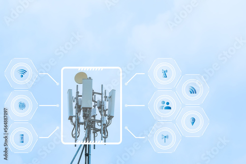 Satellite TV antenna repeater tower on sky background with copy space. Communication technology in the cable digital world concept. Electric pole of high voltage