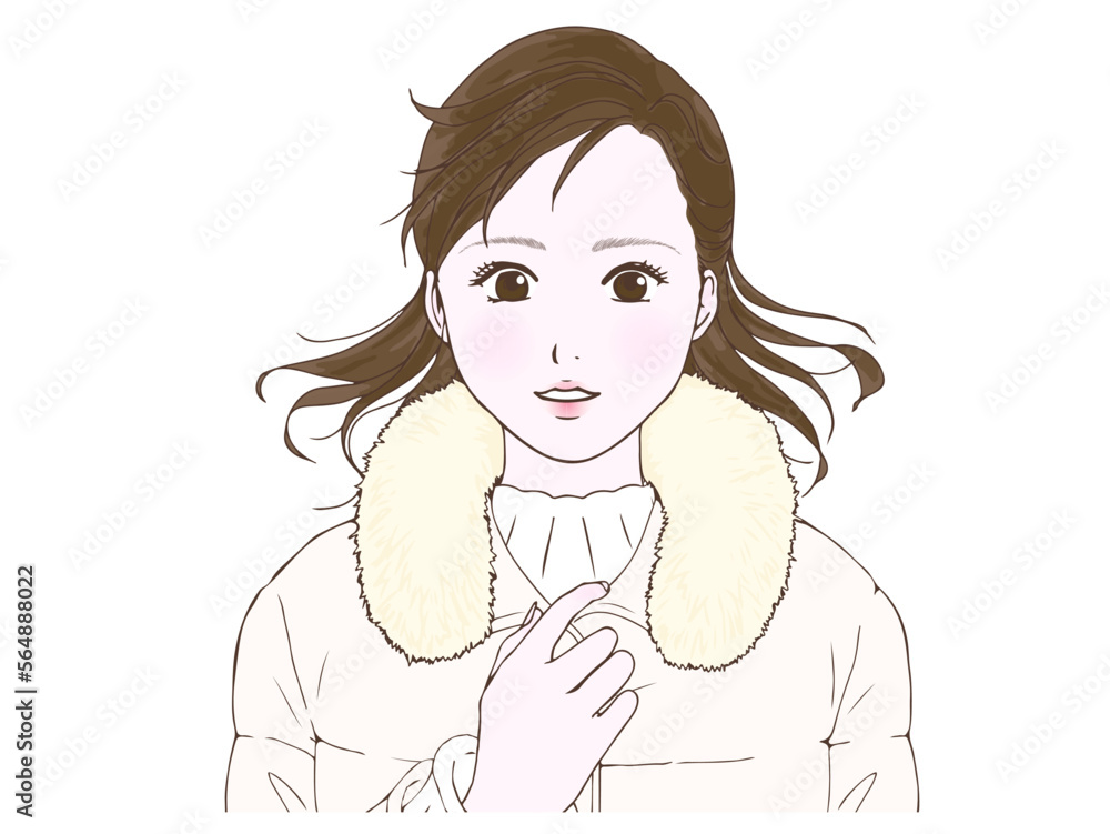セミロングの女性_ダウンコート_風_驚き セミロングの女性_ダウンコート_風_驚き