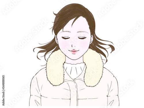 セミロングの女性_ダウンコート_風_閉眼