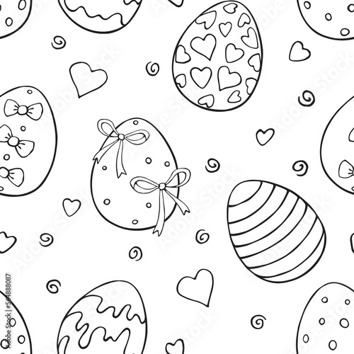 Vector seamless pattern with outline Easter eggs, hearts. Spring hand drawn doodle, holiday tradition backgrounds and textures with decorative elements