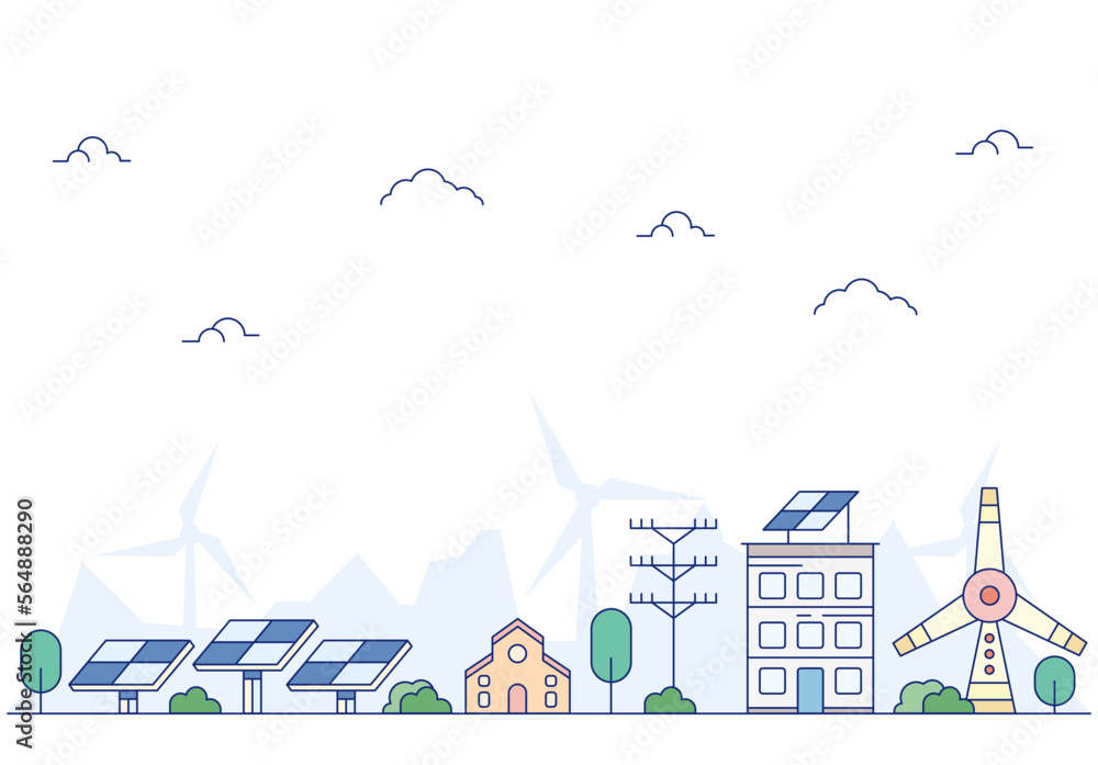 Eco friendly city landscape flat color graphic sketch. Skyscraper real estate building with solar panel and wind turbine alternative power sources generator vector illustration. 