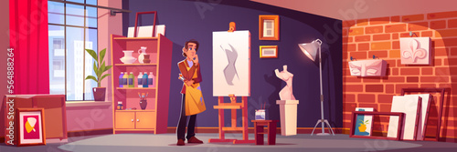 Male artist working in art studio. Vector cartoon illustration of pensive man looking at sketch. Room interior design with window, sculptures, empty frames, canvas, vases, paint bottles on shelves