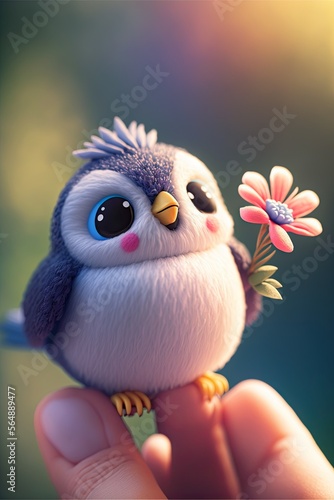 Kawaii Pixar-Style Fairy Bird on Finger - Snow-White, Fluffy, Big Bright Eyes - Sakura, Smiling, Delicate, Finely Detailed - Summer Background, Pure Colors, Chibi