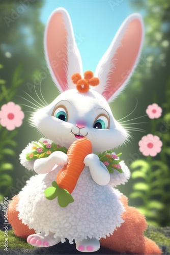 Kawaii Pixar-Style Fairy Bunny Eating Carrot - Chibi, Snow-White, Big Bright Eyes, Sakura Flowers, Smiling, Delicate, Summer Background