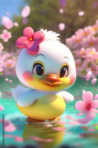 Kawaii Pixar-Style Fairy Rubber Duckling - Chibi, Snow-White, Big Bright Eyes, Sakura Flowers, Smiling, Delicate, Summer Background © Flying Minds