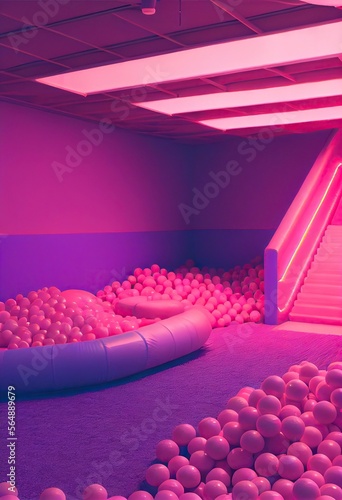A pastel pink and white ball pit room, liminal aesthetic with lilac accents, cinematic lighting, inflatable balls, fuzzy texture
