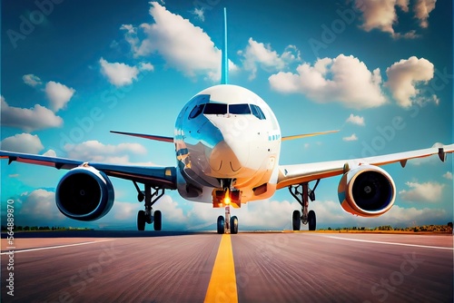 Airplane taking off from Airport runway at beautiful blue sky, Commercial plane and Travel concept, Aircraft with motion blurred Background, ultra-detailed, full color, cinematic light, natural light