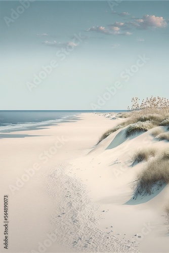 Peaceful Beach Retreat: Photorealistic Scene of Calming Shoreline with Clear Sky and Pale Colors - Depth of Field for Realistic Effect