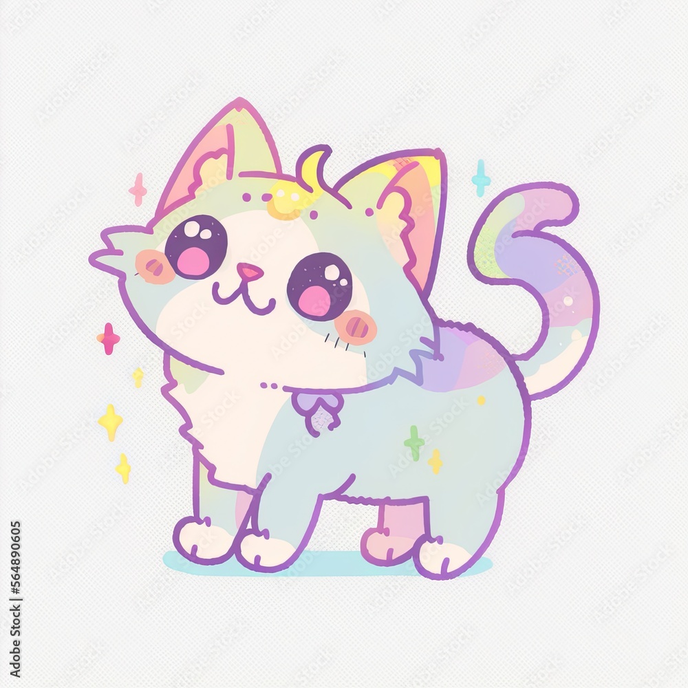 Fototapeta premium Rainbow Kawaii Cat: Pastel Anime Realism