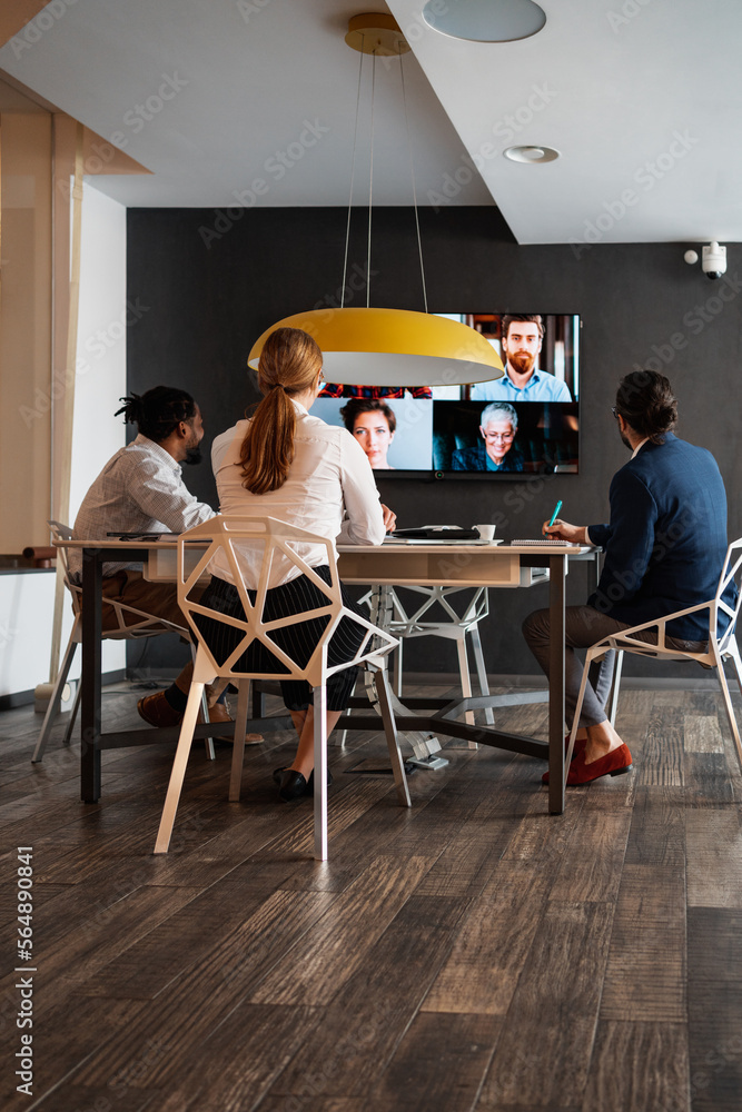 Group Of People Doing A Video Call During Business Meeting Group Of People Doing A Video Call During Business Meeting