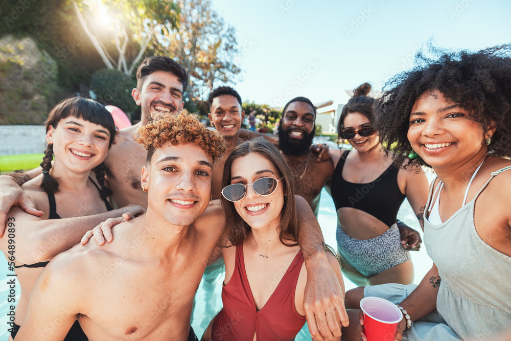 Selfie, fun and portrait of friends at a pool party for summer, holiday and happy swimming in Thailand. Relax, smile and group of people in the water with a photo memory on a tropical vacation Selfie, fun and portrait of friends at a pool party for summer, holiday and happy swimming in Thailand. Relax, smile and group of people in the water with a photo memory on a tropical vacation