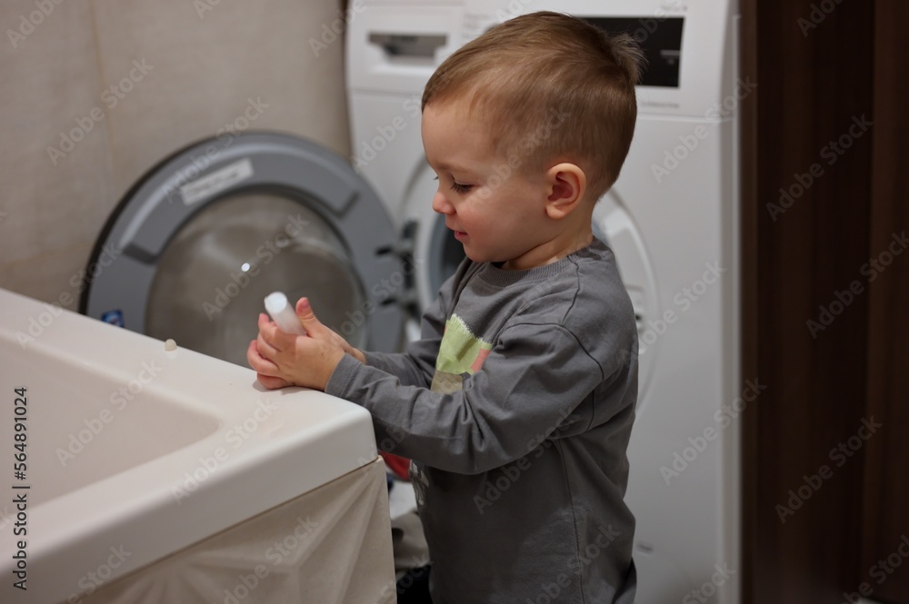 Portrait of cute little toddler in bathroom Portrait of cute little toddler in bathroom