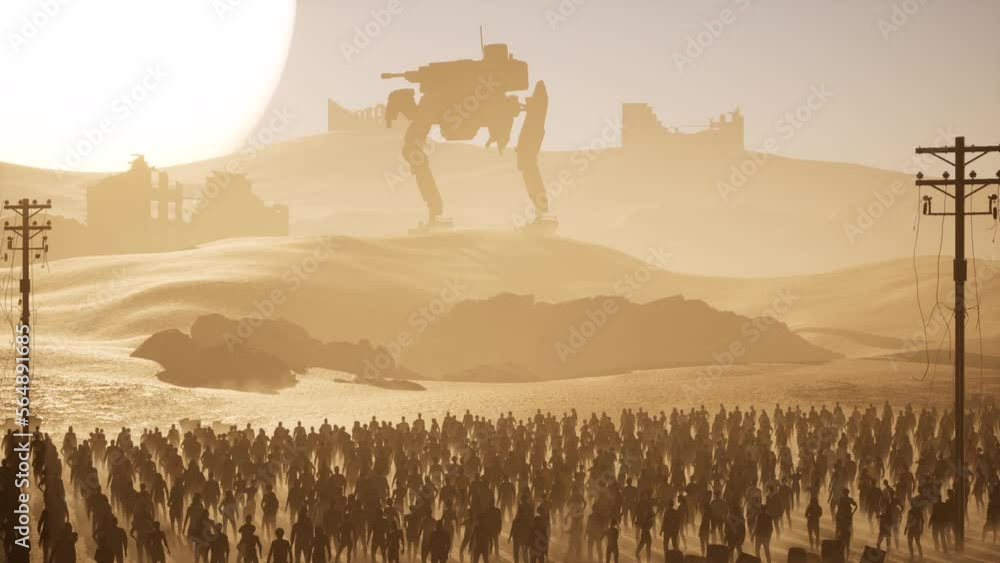 A huge Mech Robot standing in the desert in front of a large sun, with crowd looking at it, destroyed buildings and debris all over, dystopian scenery, 3D animation camera dolly up slowly. A huge Mech Robot standing in the desert in front of a large sun, with crowd looking at it, destroyed buildings and debris all over, dystopian scenery, 3D animation camera dolly up slowly.