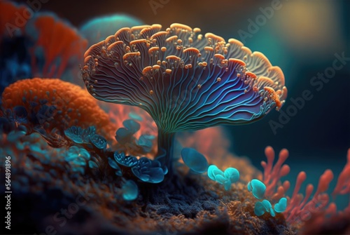 Alien world magical fungus mushroom with vibrant glowing energy stems and spores, unknown and unexplored flora forest teeming with life - generative AI illustration.