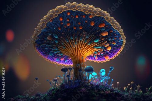 Alien world magical fungus mushroom with vibrant glowing energy stems and spores  unknown and unexplored flora forest teeming with life - generative AI illustration.