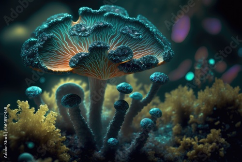 Alien world magical fungus mushroom with vibrant glowing energy stems and spores, unknown and unexplored flora forest teeming with life - generative AI illustration.