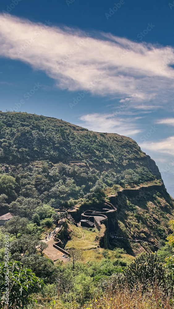 Beautiful mountainous landscape visible during the trek to Raigad Fort, Maharashtra.