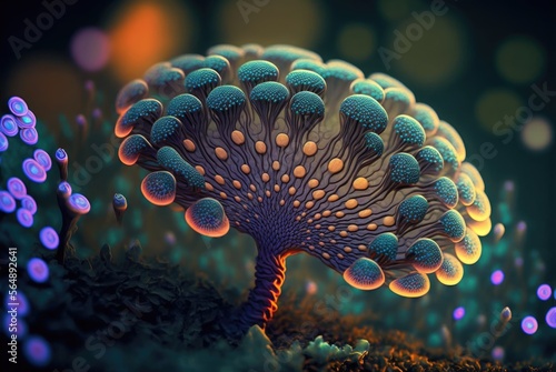 Alien world magical fungus mushroom with vibrant glowing energy stems and spores, unknown and unexplored flora forest teeming with life - generative AI illustration. © SoulMyst