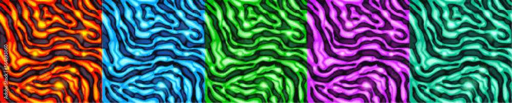 Obraz premium Volcanic lava and rock textures. Seamless patterns with colored hot liquid magma flows and cracked stone ground. Fantasy background with glowing lava in top view, vector cartoon illustration