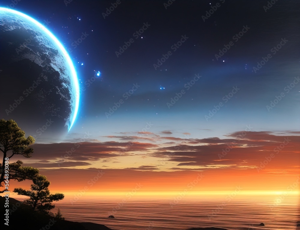 Nigth sky and moon over the ocean, Made with Generative AI Nigth sky and moon over the ocean, Made with Generative AI