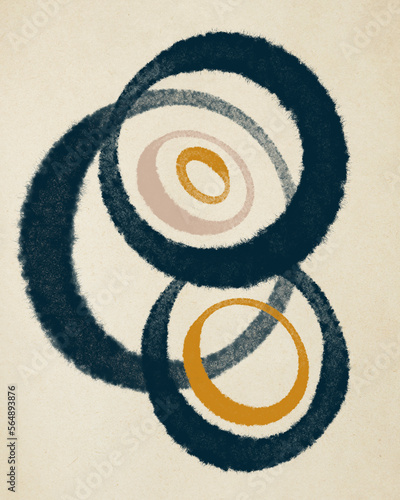 Minimal Abstract Art With Navy Blue, Pink and Yellow Ovals. photo