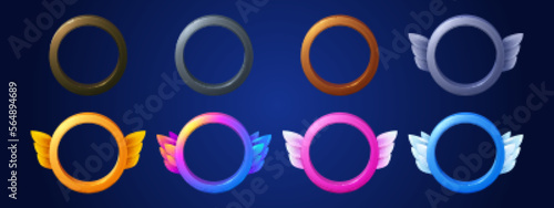 Cartoon set of round avatar frames isolated on background. Vector illustration of simple and decorated with wings golden, silver, bronze, different color circles. Game user interface design elements