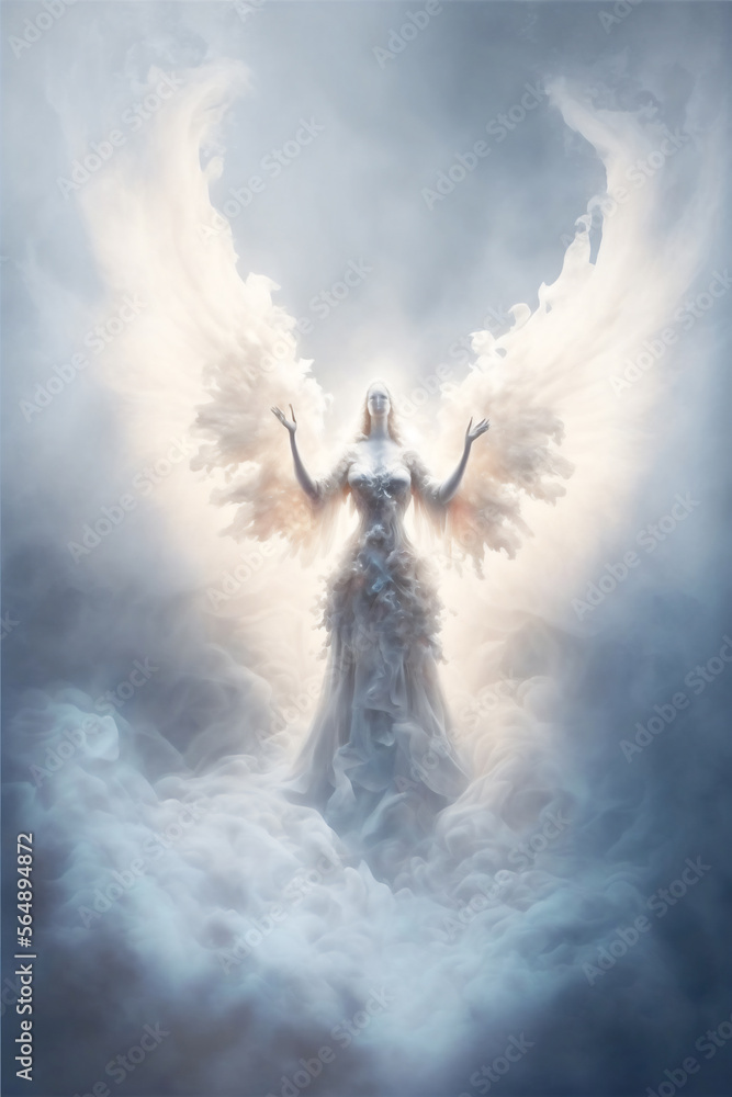 Fog made of a beautiful white angel flew down from the sky of digital art, The background is full of beautiful smoke. made with generative AI