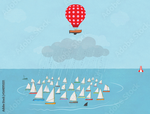 Sailboat with balloon flies over raincloud outsmarting competition