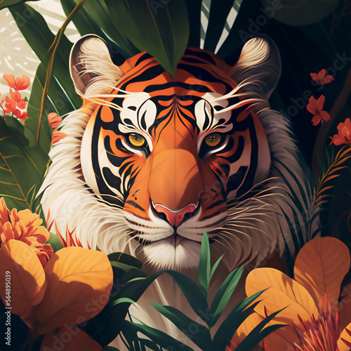 A tiger smiled innocently with flowers, tropical forest in the background. made with generative AI