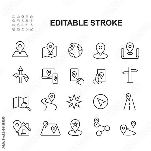 Set of Simple Icons Related to Navigation. Contains icons such as location map, World Map, digital map and many more. Lined Style. Editable Stroke.
