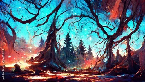 Forest scene under starry sky illustration Generative AI Content by Midjourney