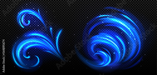 Abstract blue swirl, cold wind motion, twirls and flows. Spiral and curl light lines with sparkles. Effect of winter air vortex, blizzard, vector realistic illustration