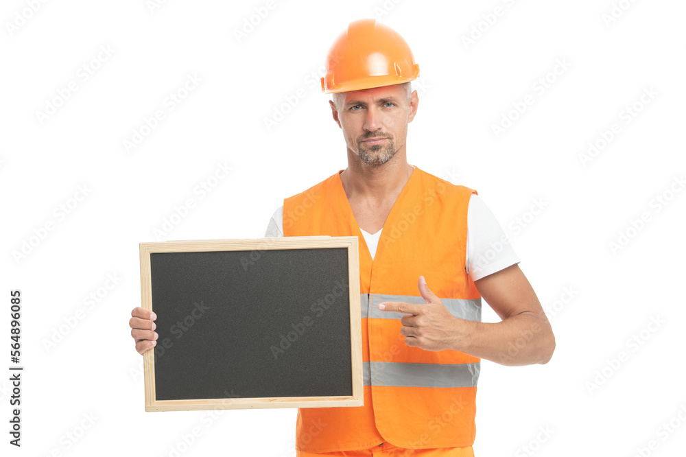 worker show advertisement pointing finger on background. worker show advertisement pointing finger on background.