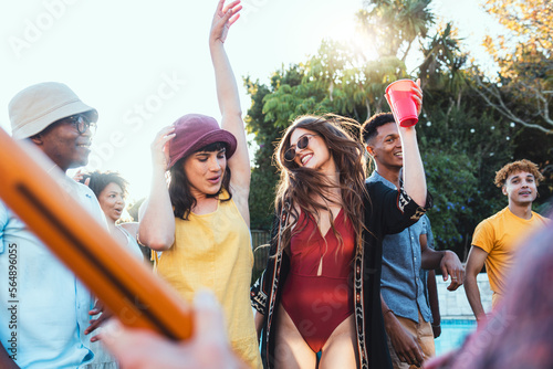 Canvas Print Pool party, drinks and group of friends outdoor to celebrate at festival, location or summer social event