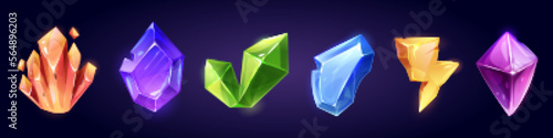 Magic gem stones, diamond and jewel crystals. Game icons of gemstones, amethyst, ruby, sapphire, emerald and quartz. Gold crystal in shape of lightning, vector cartoon illustration