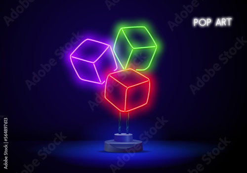 Outline neon dice icon. Glowing neon dice sign, playing cube pictogram in vivid colors. Gambling game, lucky chance, random, lucky number, fortune. Vector icon set, symbol for UI