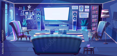 Living room with tv and game console with joysticks at night. Empty apartment interior with sofa, light television screen, speakers, chairs, cat and lamp, vector cartoon illustration