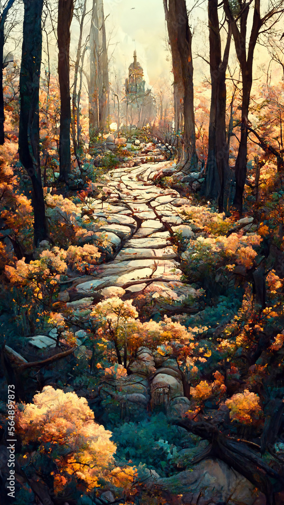 Panorama of the forest at dusk stone road illustration Generative AI Content by Midjourney Panorama of the forest at dusk stone road illustration Generative AI Content by Midjourney
