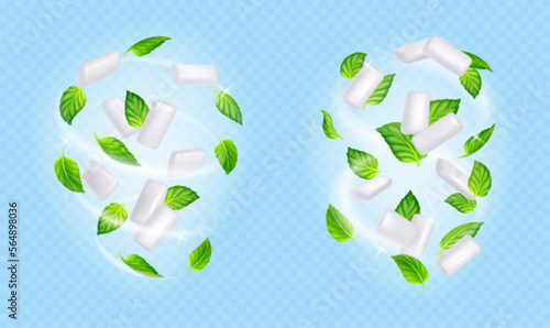 Swirls of chewing gums and mint leaves flying on wind. Concept of fresh breath, menthol flavor, dental health. Sweet bubblegums flying with green leaves, vector realistic illustration