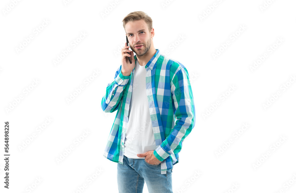 photo of man has phone call communication. man has phone call isolated on white photo of man has phone call communication. man has phone call isolated on white