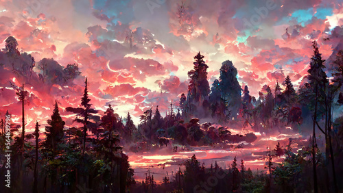 Panorama of the forest at dusk stone road illustration Generative AI Content by Midjourney