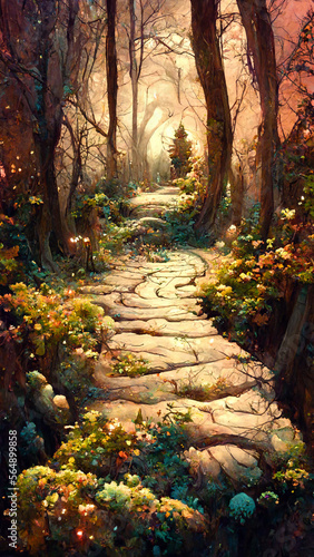Path through magical elven woodland at night illustration Generative AI Content by Midjourney