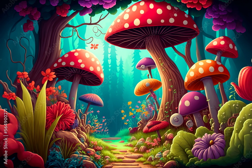 Fantastic wonderland forest landscape with mushrooms and flowers. - obrazy, fototapety, plakaty 