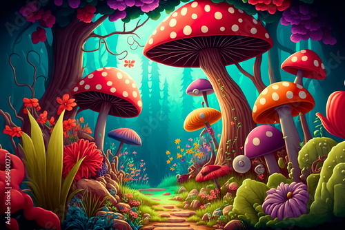 Fantastic wonderland forest landscape with mushrooms and flowers. photo