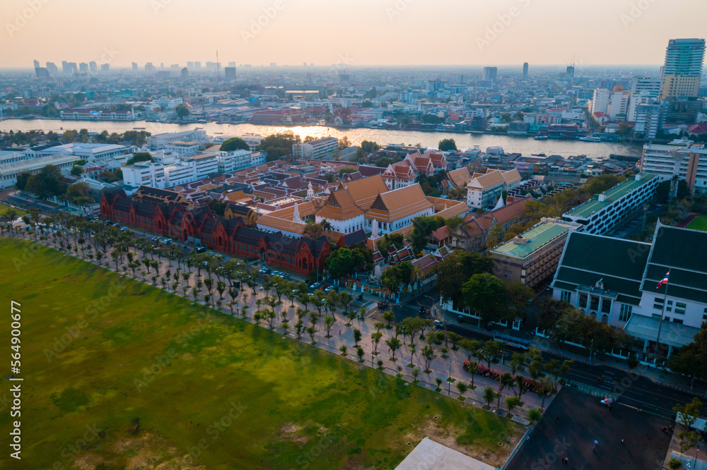 Fototapeta premium Aerial view of the Temple of the Emerald Buddha grand palace, most famous landmark of Bangkok, Thailand 