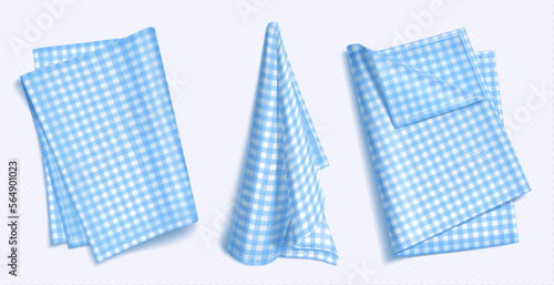 Set of blue checkered towels folded, hanging and top view isolated on white background. Realistic vector illustration of napkin, cozy kitchen interior design element, home textile for domestic use